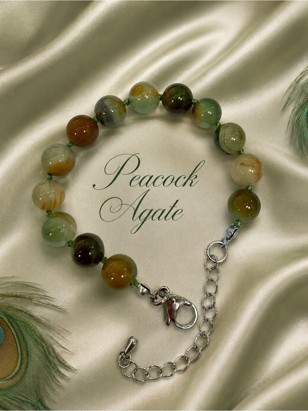 🆕❤️❤️🍁Peacock Agate Semi Precious Hand Knotted Bracelet - Green Multi